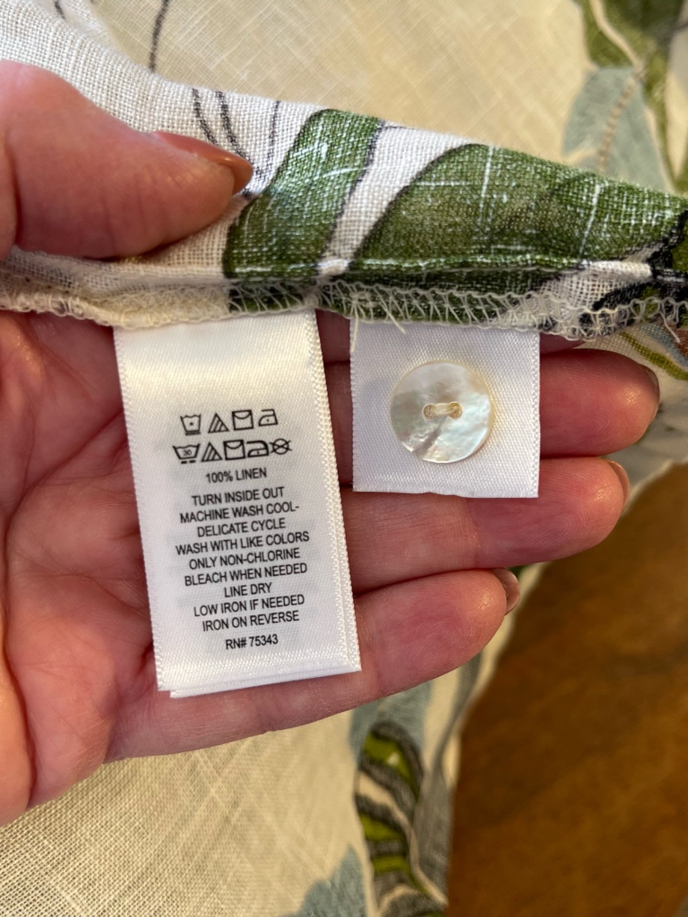 Linen Cream Button-Front Shirt with Blue and Green Leaf Print - Picture 6 of 6
